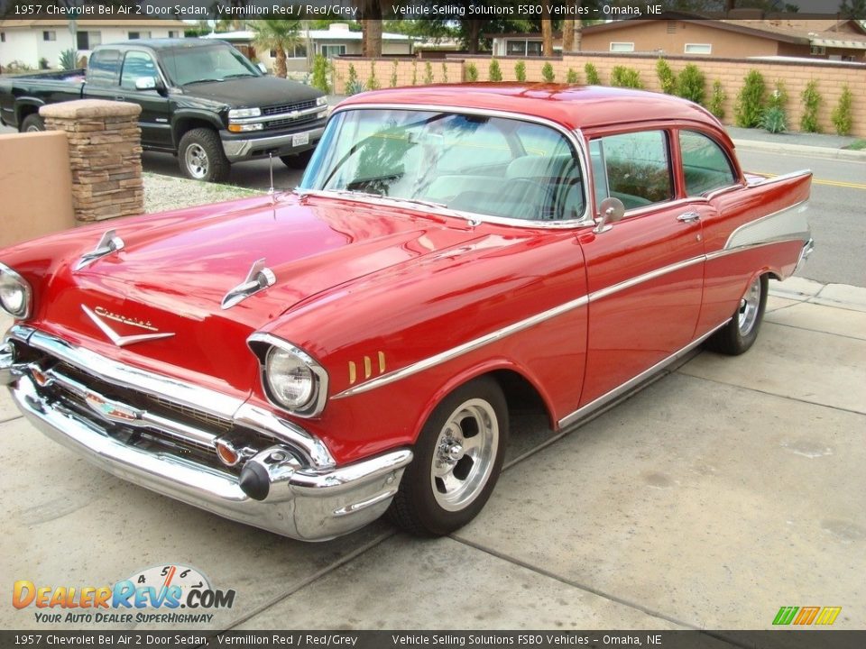 1957 Chevrolet Bel Air 2 Door Sedan Vermillion Red / Red/Grey Photo #2