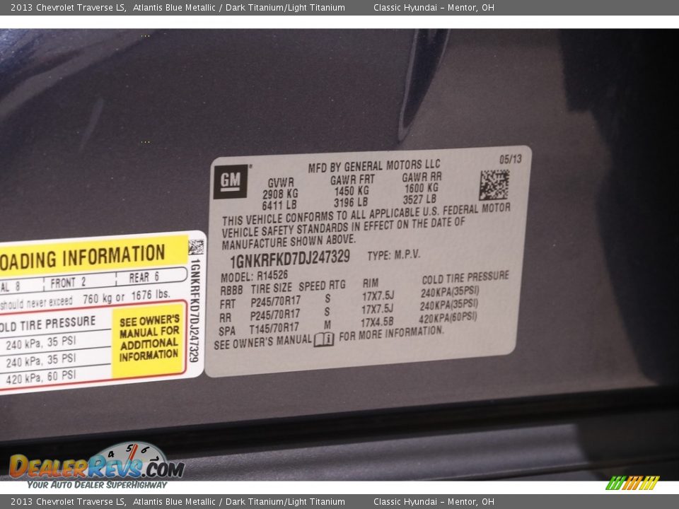 2013 Chevrolet Traverse LS Atlantis Blue Metallic / Dark Titanium/Light Titanium Photo #20