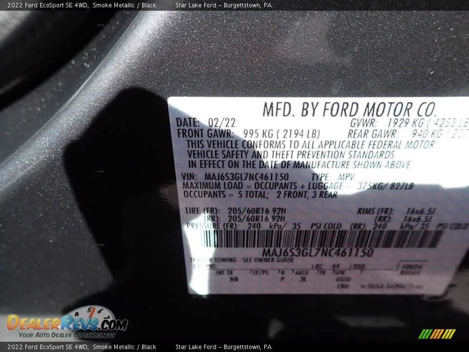 2022 Ford EcoSport SE 4WD Smoke Metallic / Black Photo #14