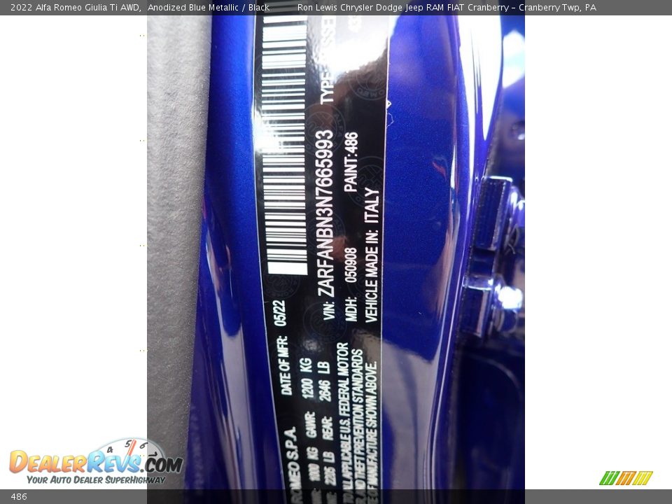 Alfa Romeo Color Code 486 Anodized Blue Metallic