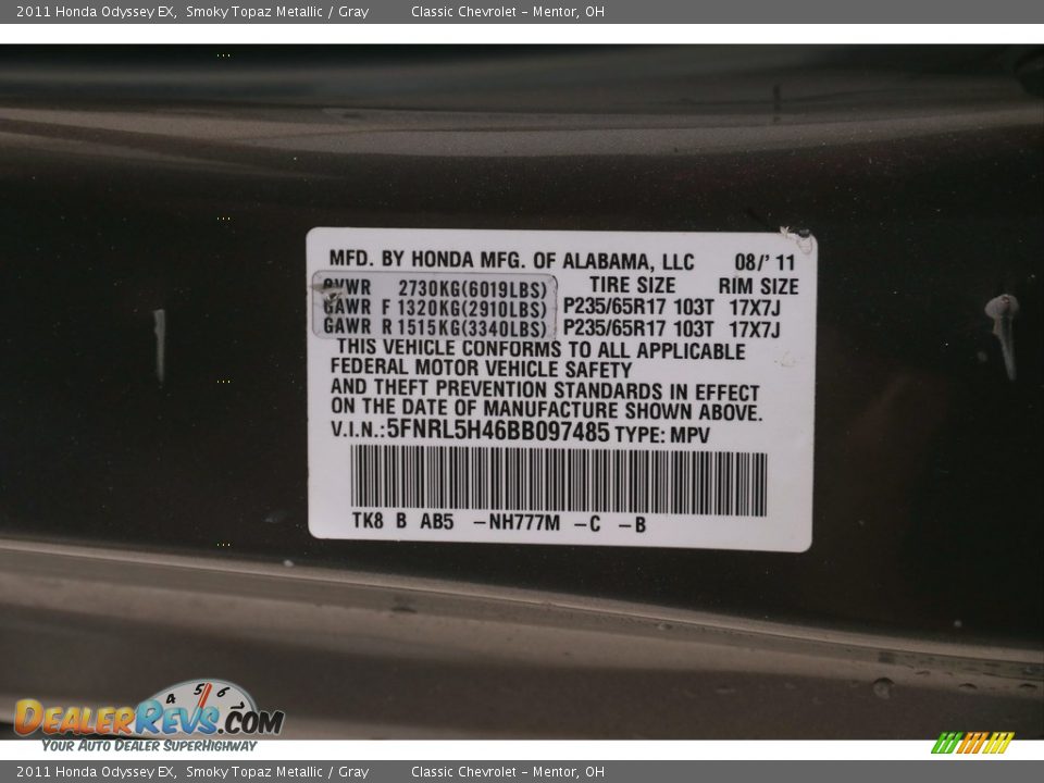 2011 Honda Odyssey EX Smoky Topaz Metallic / Gray Photo #22