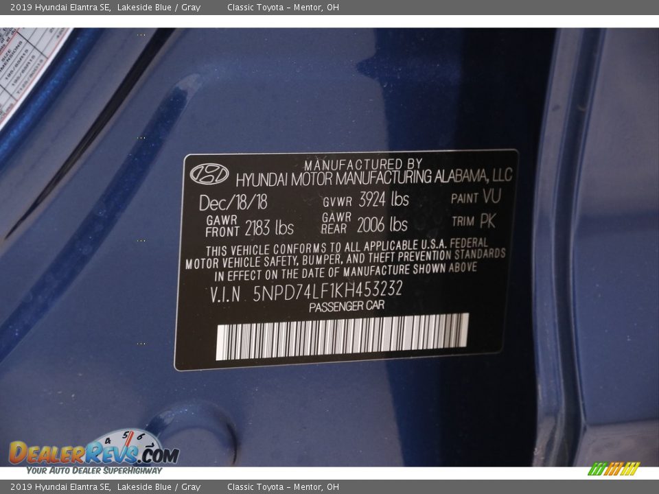 2019 Hyundai Elantra SE Lakeside Blue / Gray Photo #19