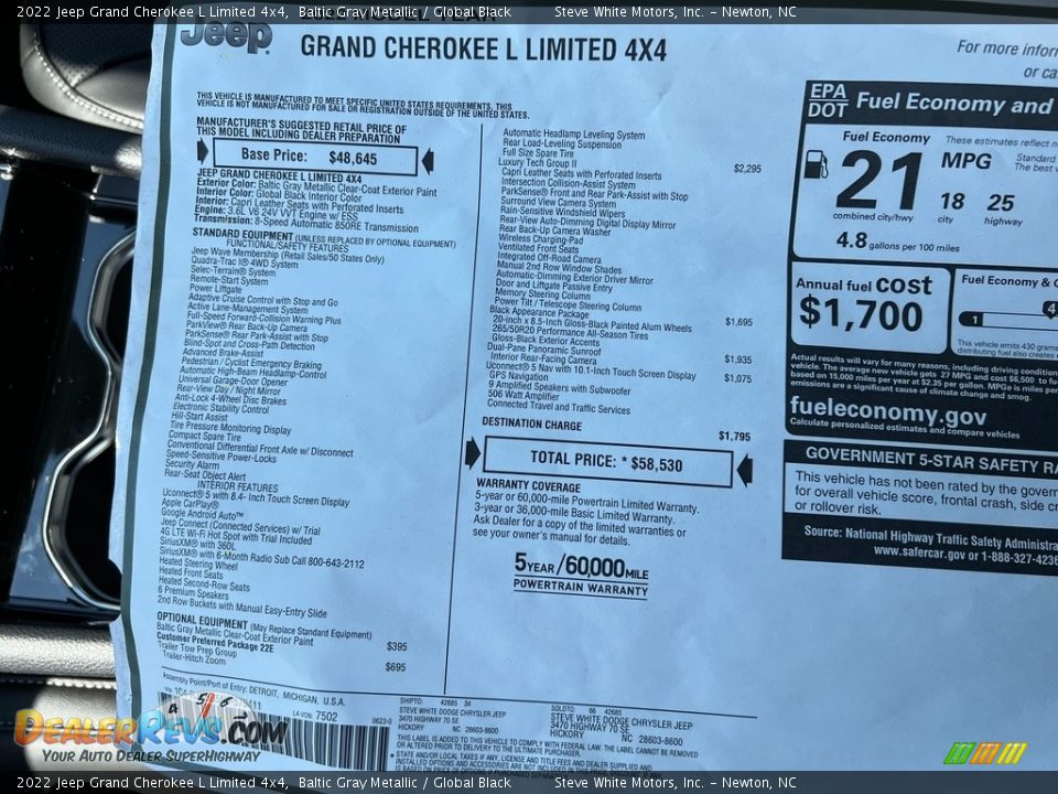 2022 Jeep Grand Cherokee L Limited 4x4 Baltic Gray Metallic / Global Black Photo #36
