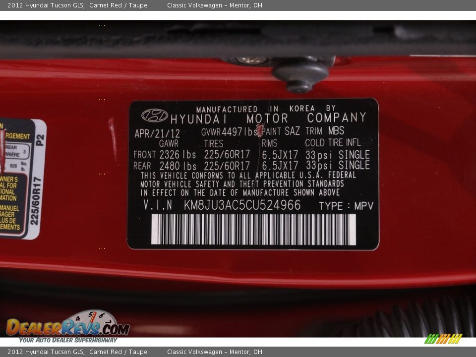 2012 Hyundai Tucson GLS Garnet Red / Taupe Photo #19