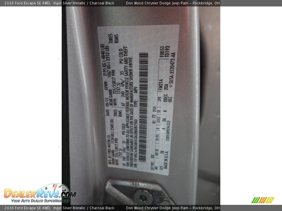 2016 Ford Escape SE 4WD Ingot Silver Metallic / Charcoal Black Photo #33