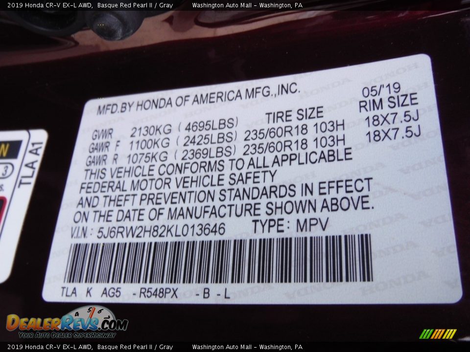 2019 Honda CR-V EX-L AWD Basque Red Pearl II / Gray Photo #36