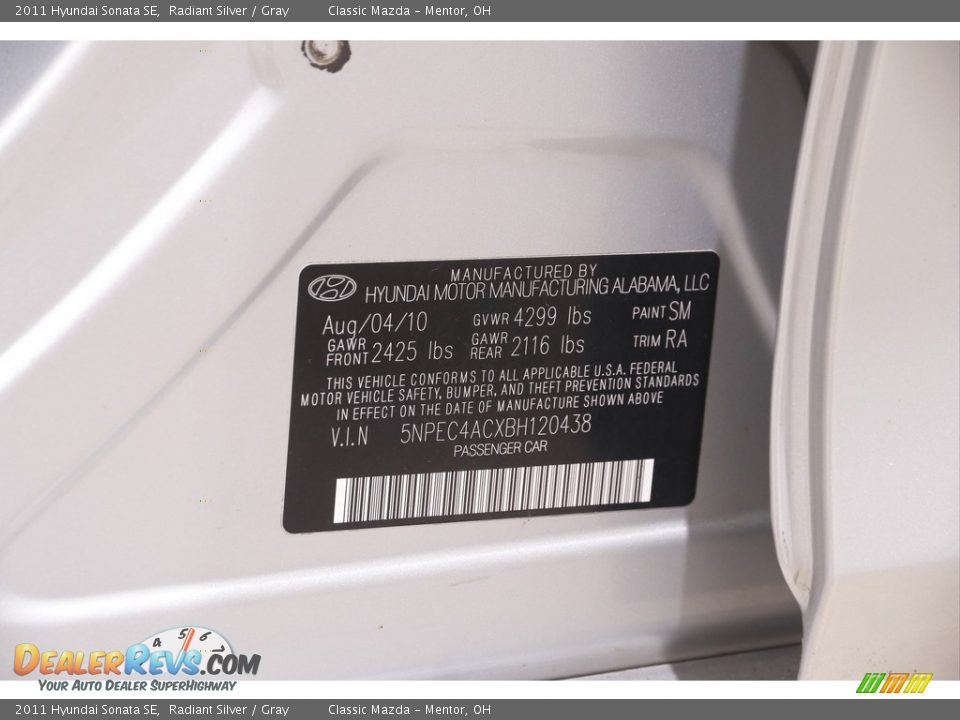 2011 Hyundai Sonata SE Radiant Silver / Gray Photo #17