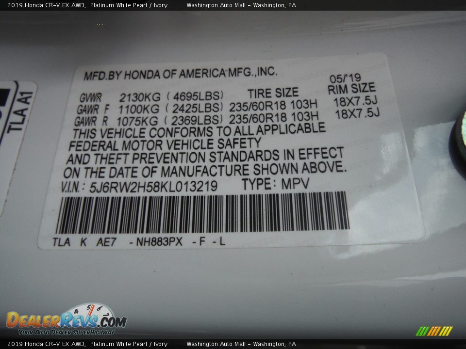 2019 Honda CR-V EX AWD Platinum White Pearl / Ivory Photo #34