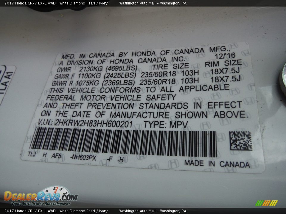 2017 Honda CR-V EX-L AWD White Diamond Pearl / Ivory Photo #32