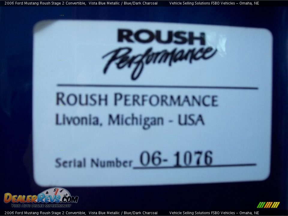 Info Tag of 2006 Ford Mustang Roush Stage 2 Convertible Photo #9