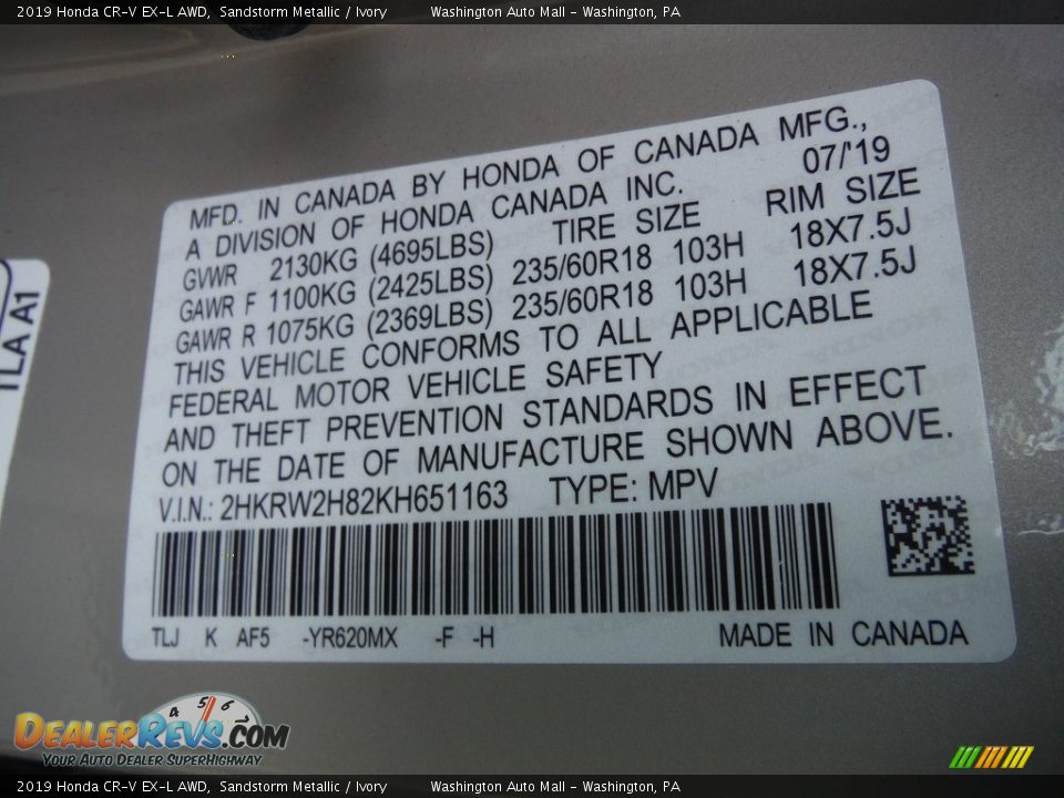 2019 Honda CR-V EX-L AWD Sandstorm Metallic / Ivory Photo #34