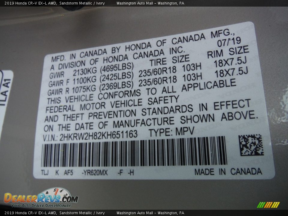 2019 Honda CR-V EX-L AWD Sandstorm Metallic / Ivory Photo #34