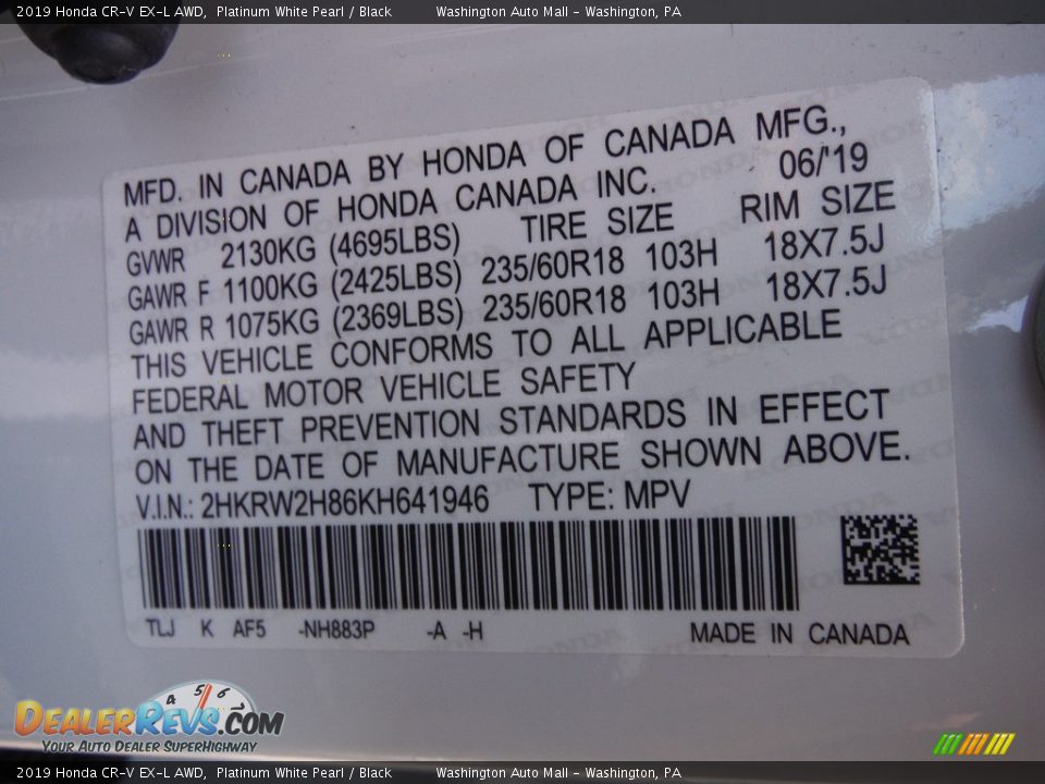 2019 Honda CR-V EX-L AWD Platinum White Pearl / Black Photo #32