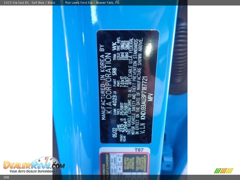 Kia Color Code SRB Surf Blue