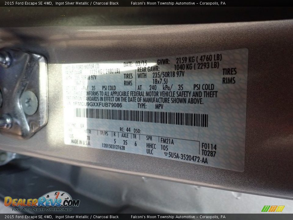 2015 Ford Escape SE 4WD Ingot Silver Metallic / Charcoal Black Photo #27