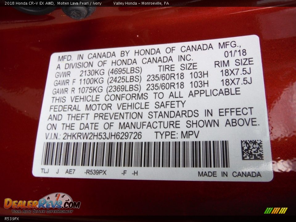 Honda Color Code R539PX Molten Lava Pearl