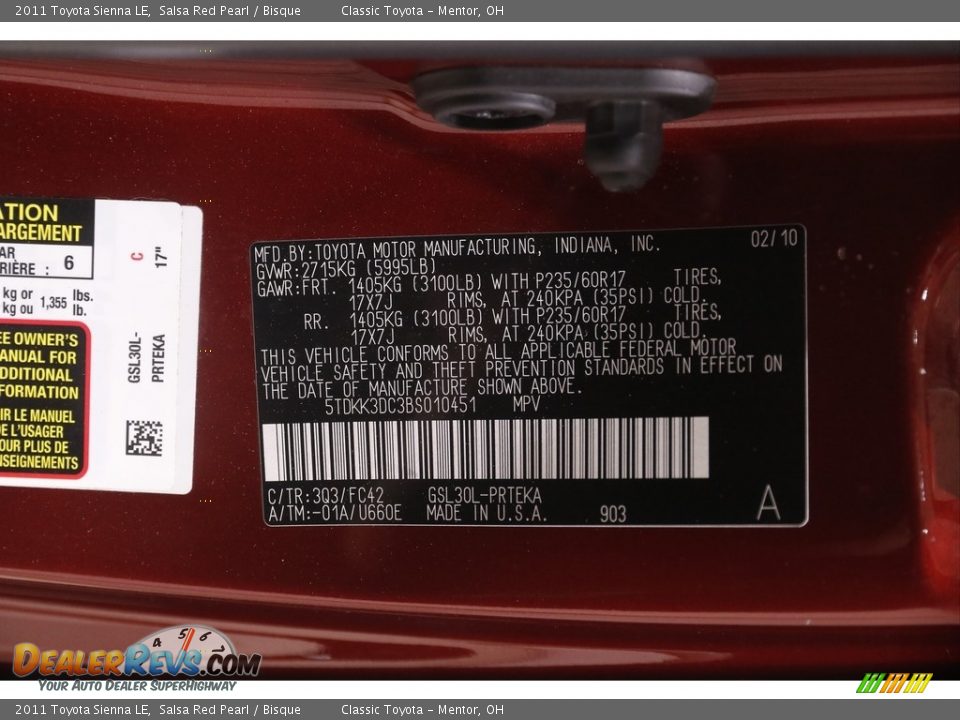 2011 Toyota Sienna LE Salsa Red Pearl / Bisque Photo #25