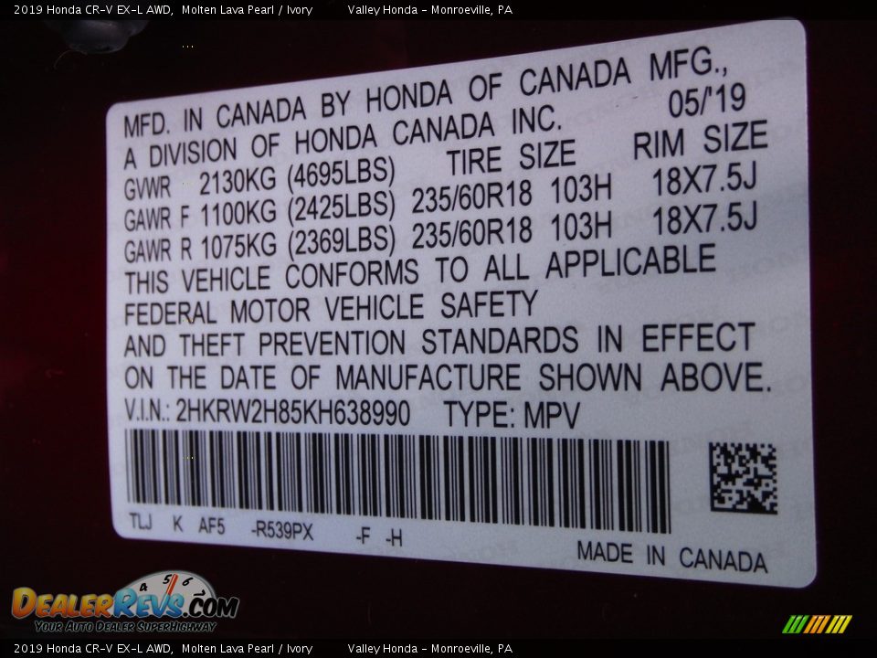 2019 Honda CR-V EX-L AWD Molten Lava Pearl / Ivory Photo #36