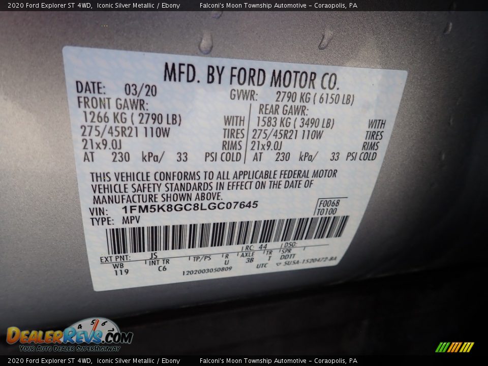 2020 Ford Explorer ST 4WD Iconic Silver Metallic / Ebony Photo #27