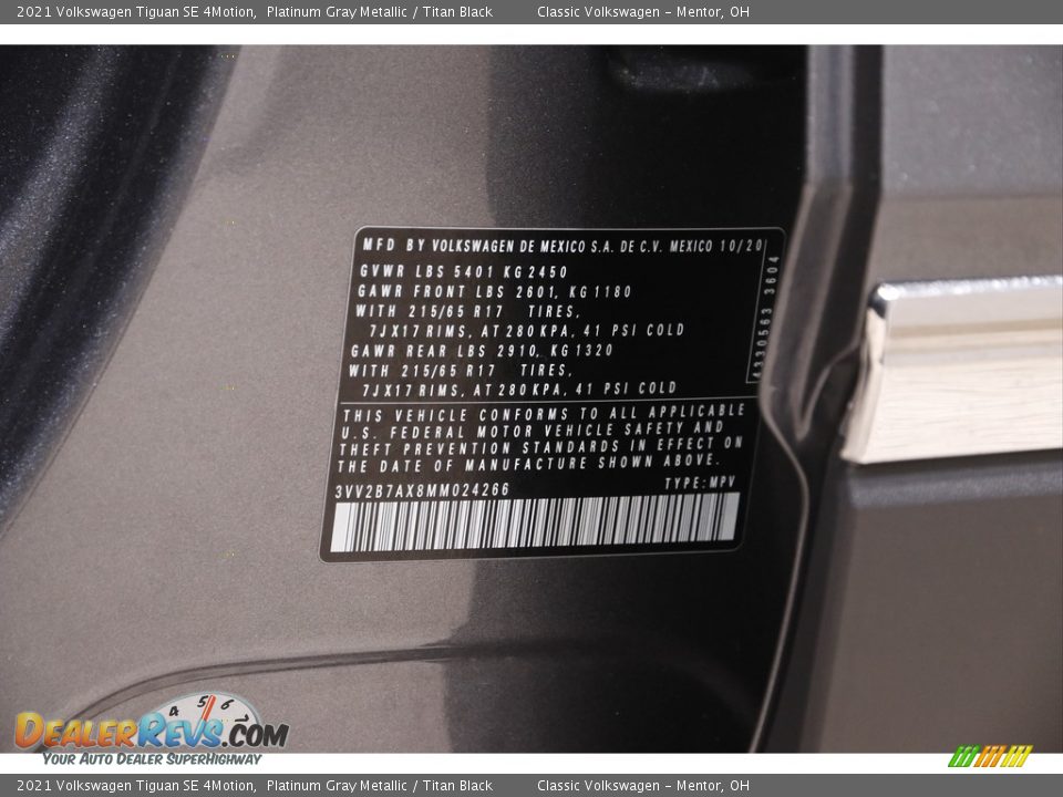 2021 Volkswagen Tiguan SE 4Motion Platinum Gray Metallic / Titan Black Photo #22