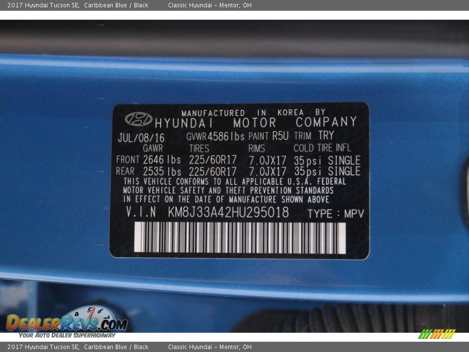 2017 Hyundai Tucson SE Caribbean Blue / Black Photo #21