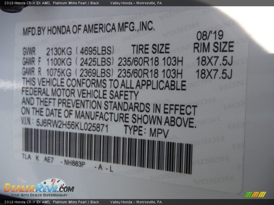 2019 Honda CR-V EX AWD Platinum White Pearl / Black Photo #32