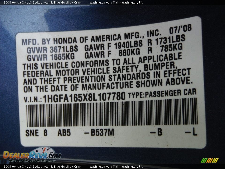 2008 Honda Civic LX Sedan Atomic Blue Metallic / Gray Photo #19