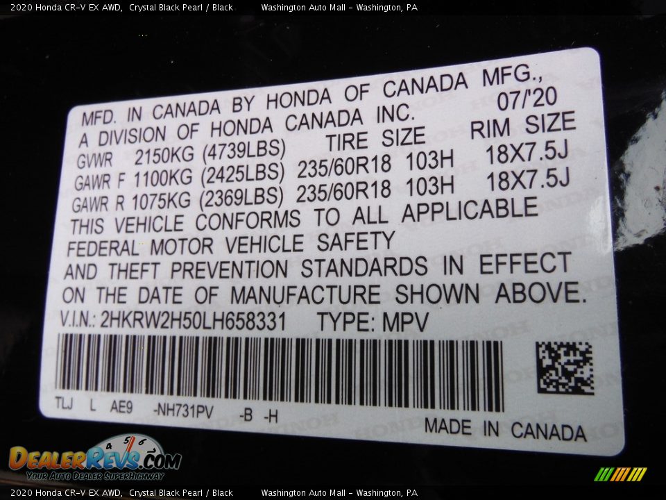 2020 Honda CR-V EX AWD Crystal Black Pearl / Black Photo #34