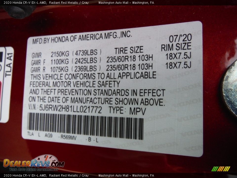 2020 Honda CR-V EX-L AWD Radiant Red Metallic / Gray Photo #34