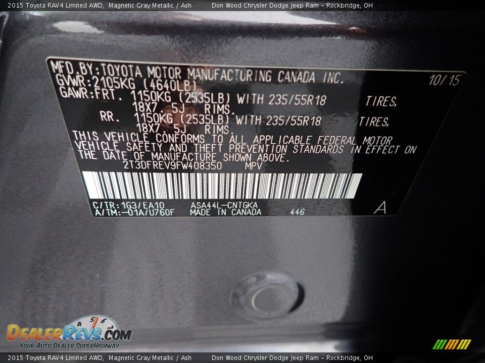 2015 Toyota RAV4 Limited AWD Magnetic Gray Metallic / Ash Photo #33