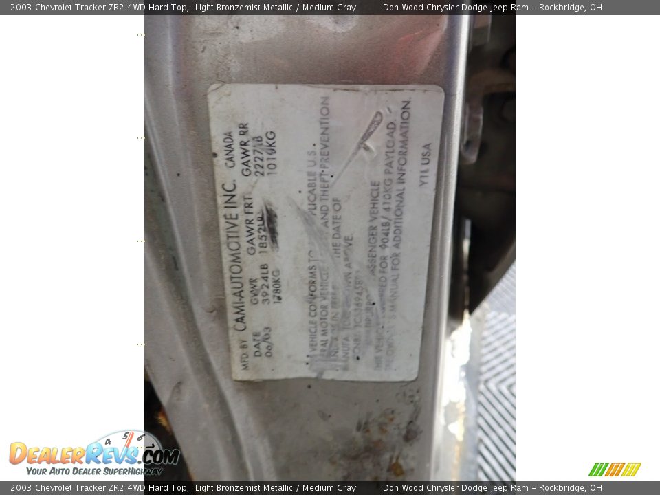 2003 Chevrolet Tracker ZR2 4WD Hard Top Light Bronzemist Metallic / Medium Gray Photo #21
