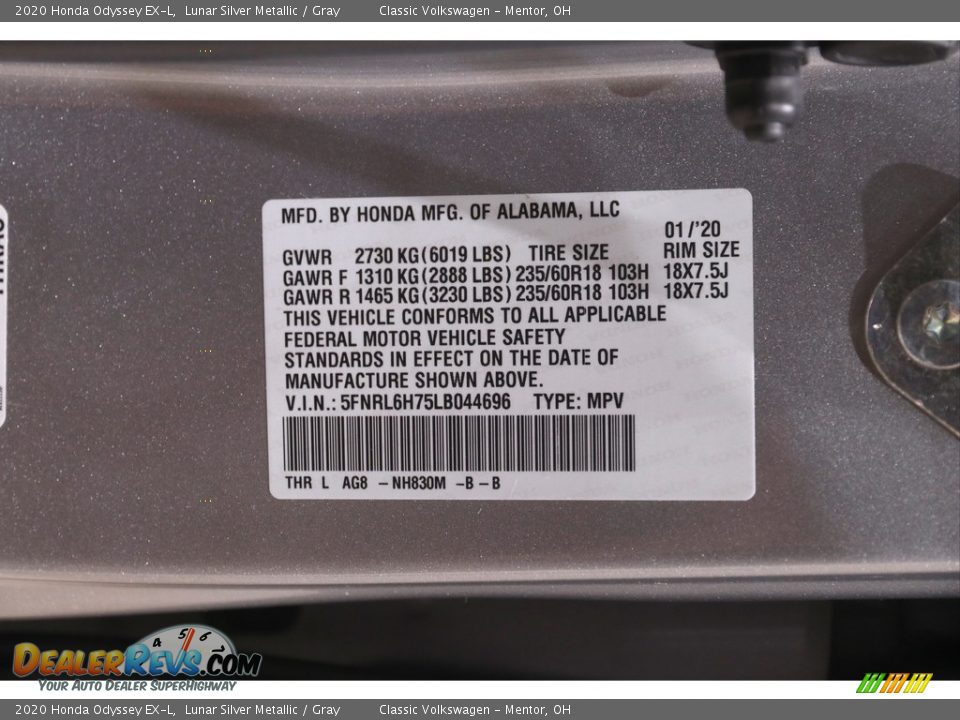 2020 Honda Odyssey EX-L Lunar Silver Metallic / Gray Photo #24