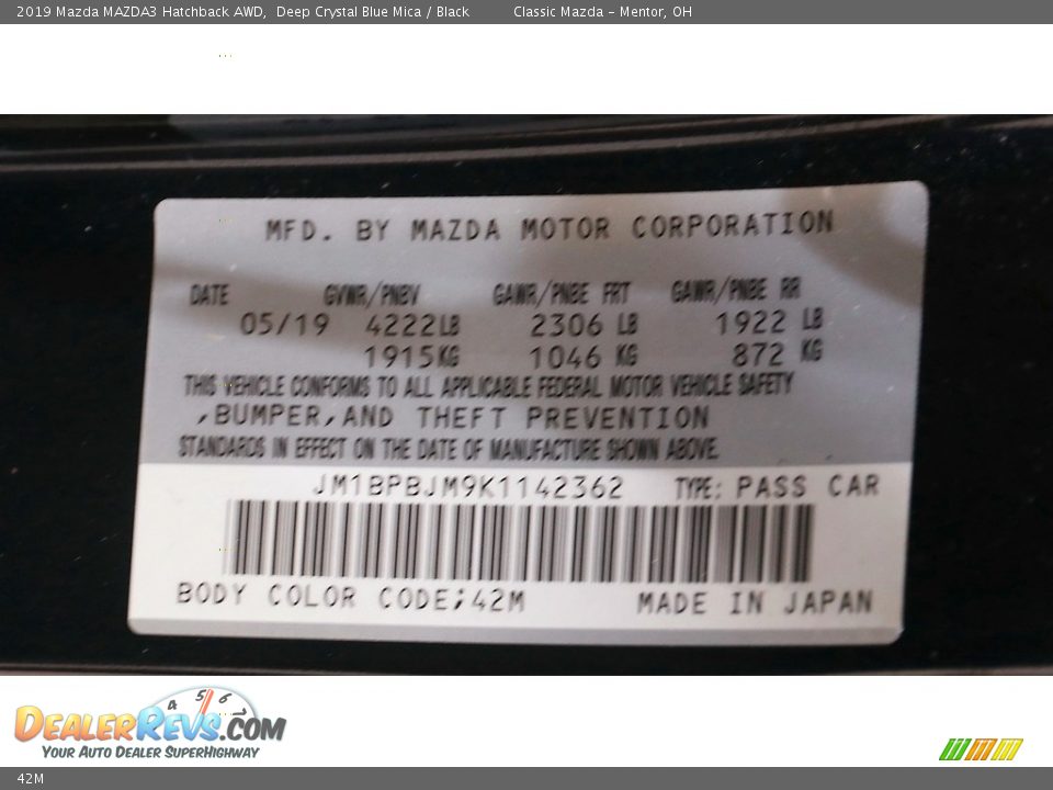 Mazda Color Code 42M Deep Crystal Blue Mica