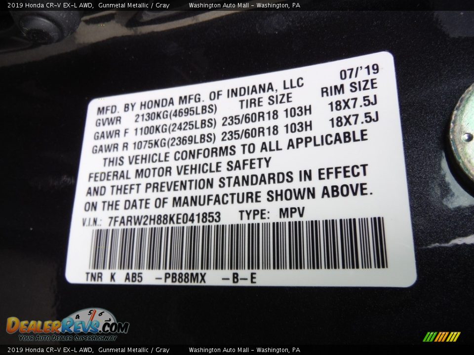 2019 Honda CR-V EX-L AWD Gunmetal Metallic / Gray Photo #35
