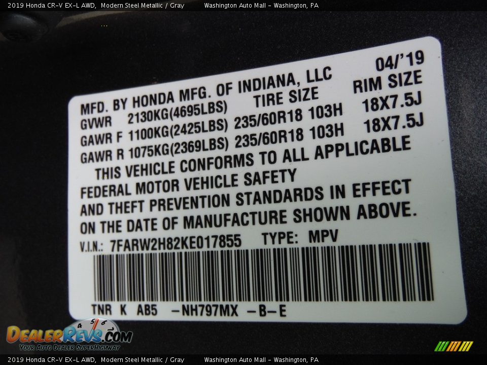 2019 Honda CR-V EX-L AWD Modern Steel Metallic / Gray Photo #22