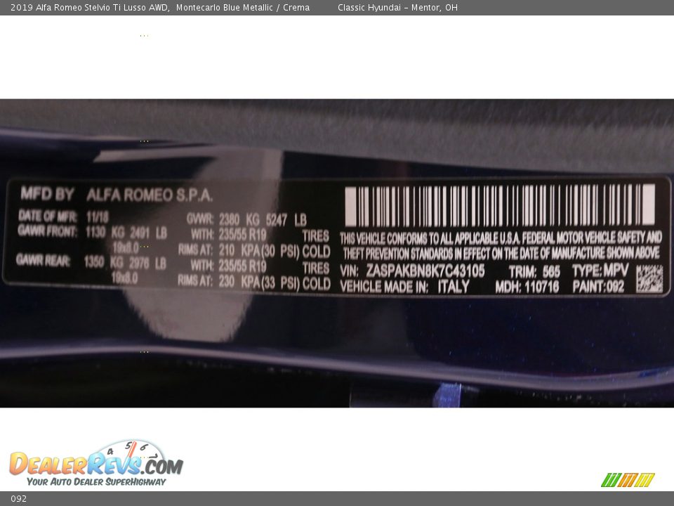 Alfa Romeo Color Code 092 Montecarlo Blue Metallic