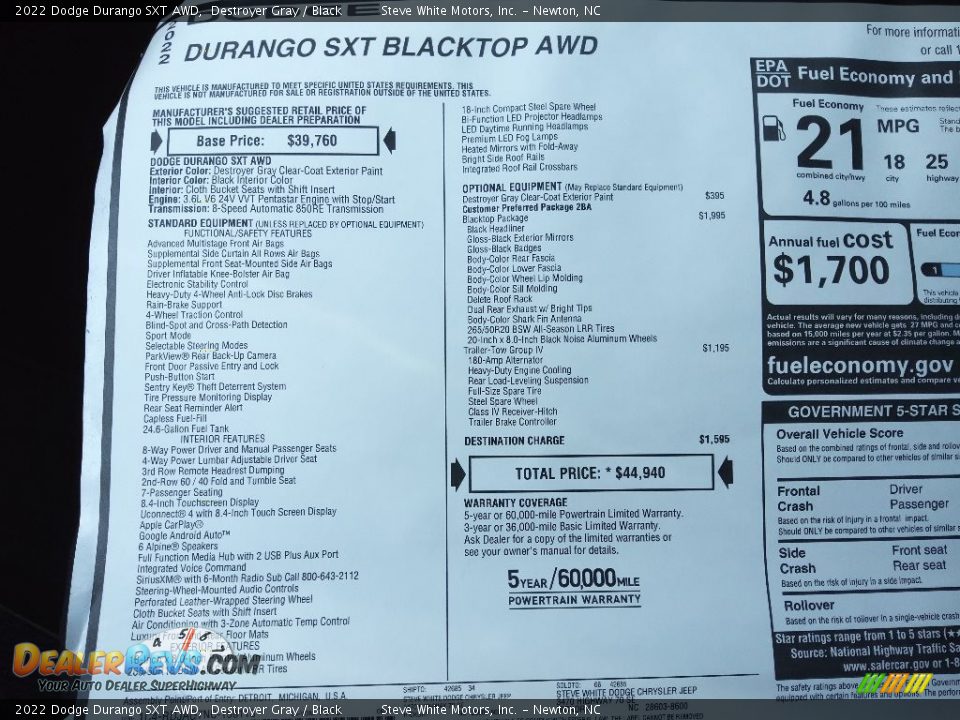 2022 Dodge Durango SXT AWD Destroyer Gray / Black Photo #28