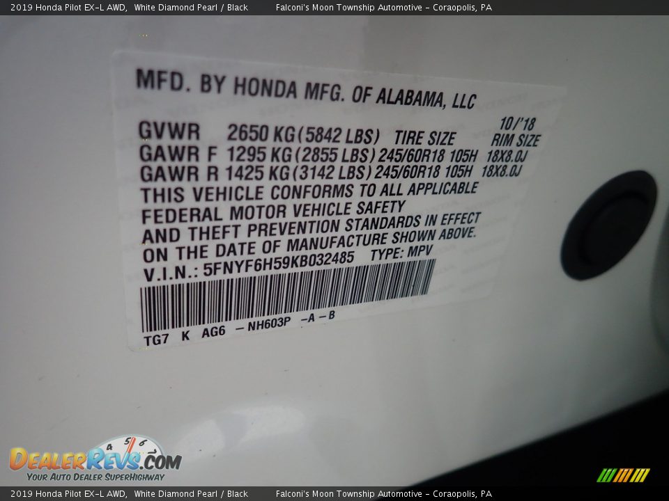 2019 Honda Pilot EX-L AWD White Diamond Pearl / Black Photo #28