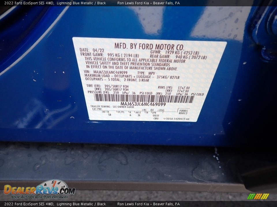 2022 Ford EcoSport SES 4WD Lightning Blue Metallic / Black Photo #20