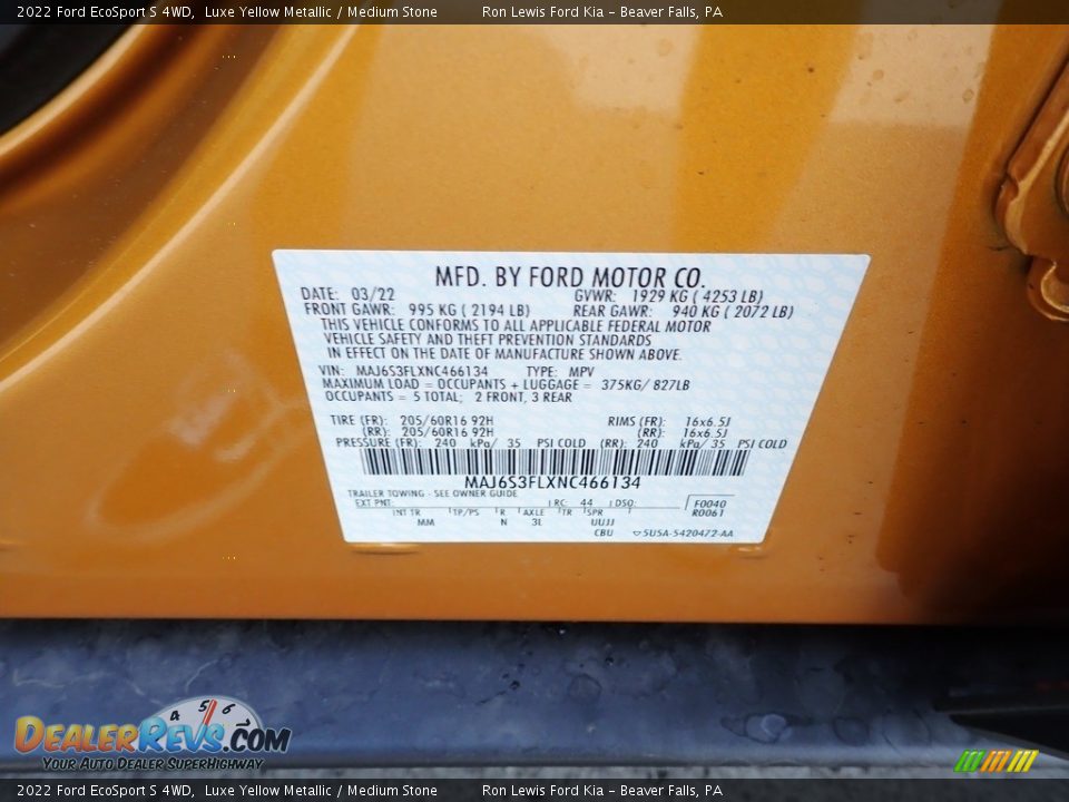 2022 Ford EcoSport S 4WD Luxe Yellow Metallic / Medium Stone Photo #20