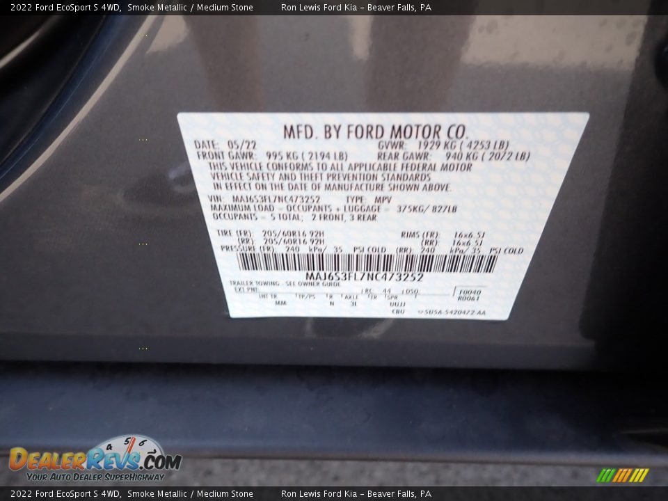 2022 Ford EcoSport S 4WD Smoke Metallic / Medium Stone Photo #20