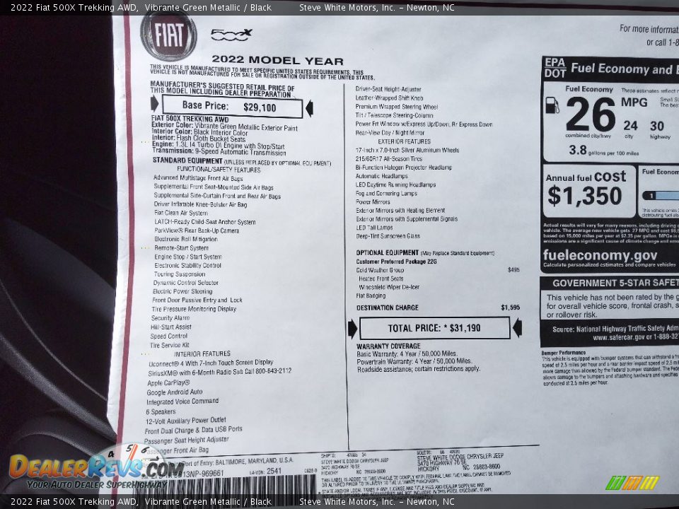 2022 Fiat 500X Trekking AWD Window Sticker Photo #26