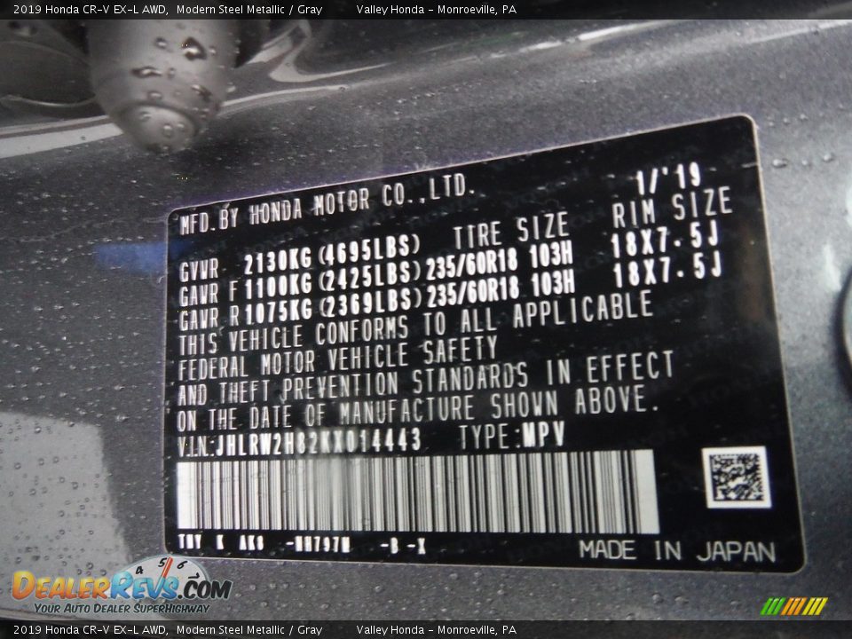2019 Honda CR-V EX-L AWD Modern Steel Metallic / Gray Photo #32