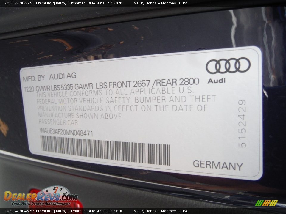 2021 Audi A6 55 Premium quattro Firmament Blue Metallic / Black Photo #29