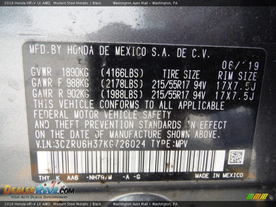 2019 Honda HR-V LX AWD Modern Steel Metallic / Black Photo #25