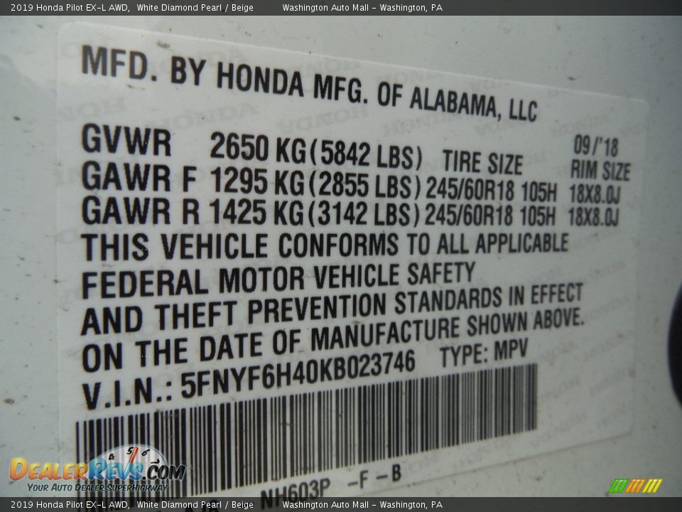 2019 Honda Pilot EX-L AWD White Diamond Pearl / Beige Photo #34