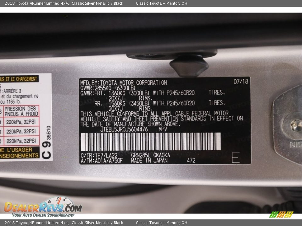 2018 Toyota 4Runner Limited 4x4 Classic Silver Metallic / Black Photo #23