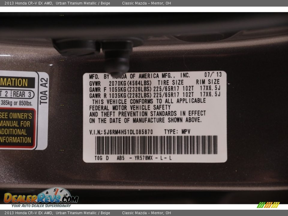 2013 Honda CR-V EX AWD Urban Titanium Metallic / Beige Photo #20