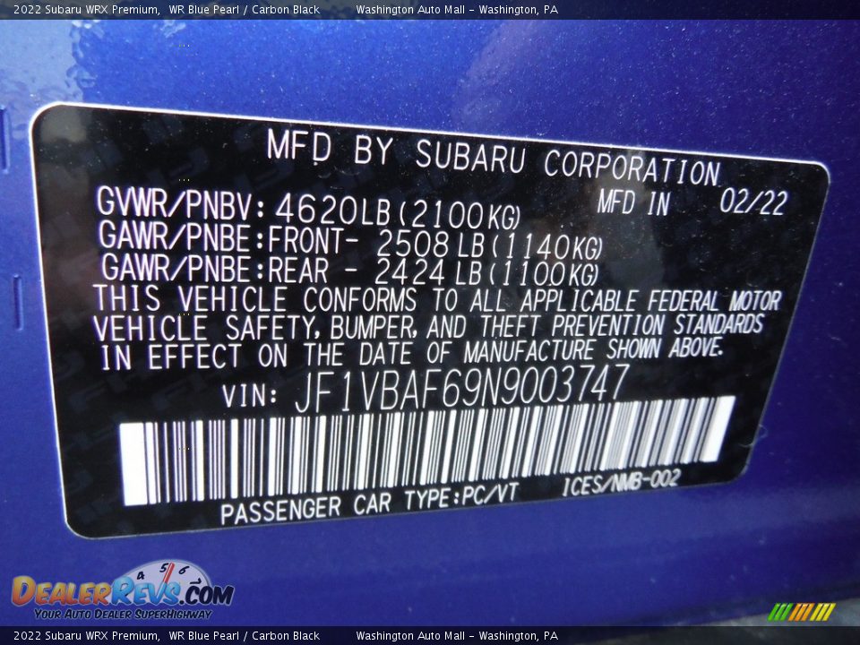 2022 Subaru WRX Premium WR Blue Pearl / Carbon Black Photo #29