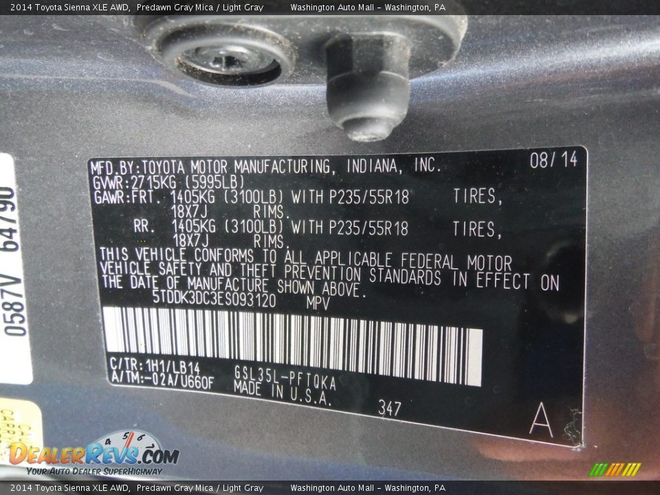 2014 Toyota Sienna XLE AWD Predawn Gray Mica / Light Gray Photo #32